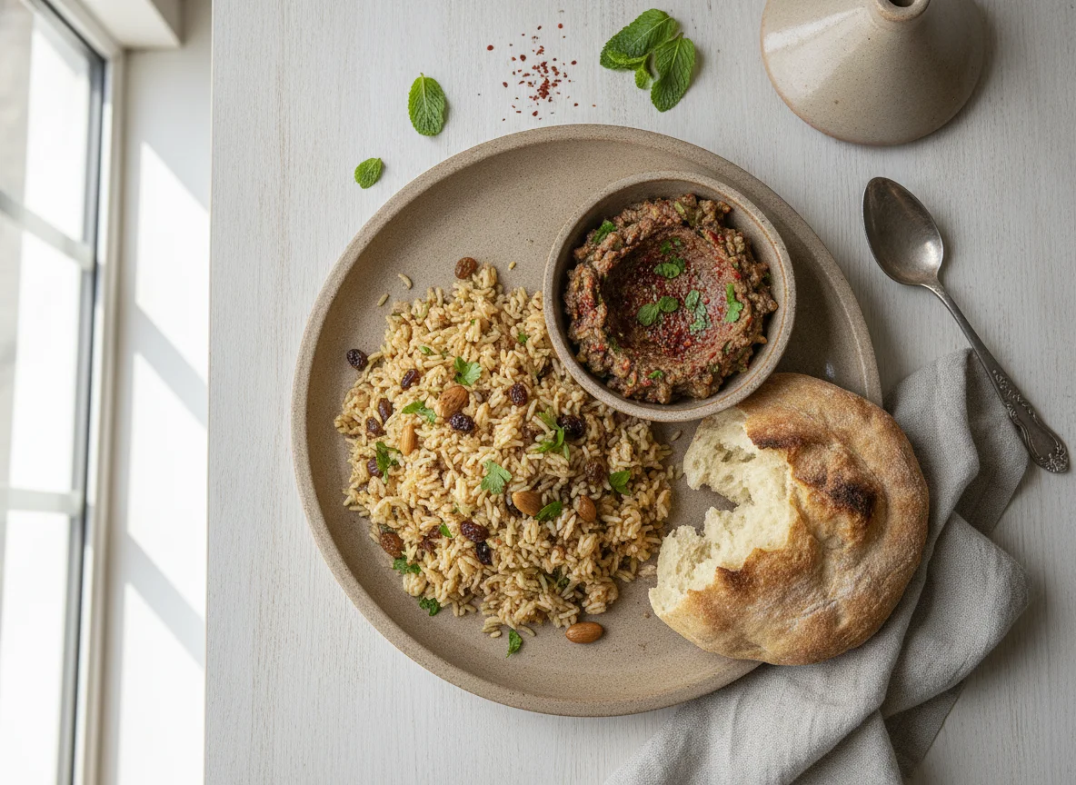 Moroccan Rice and Zaalouk with Bread photo