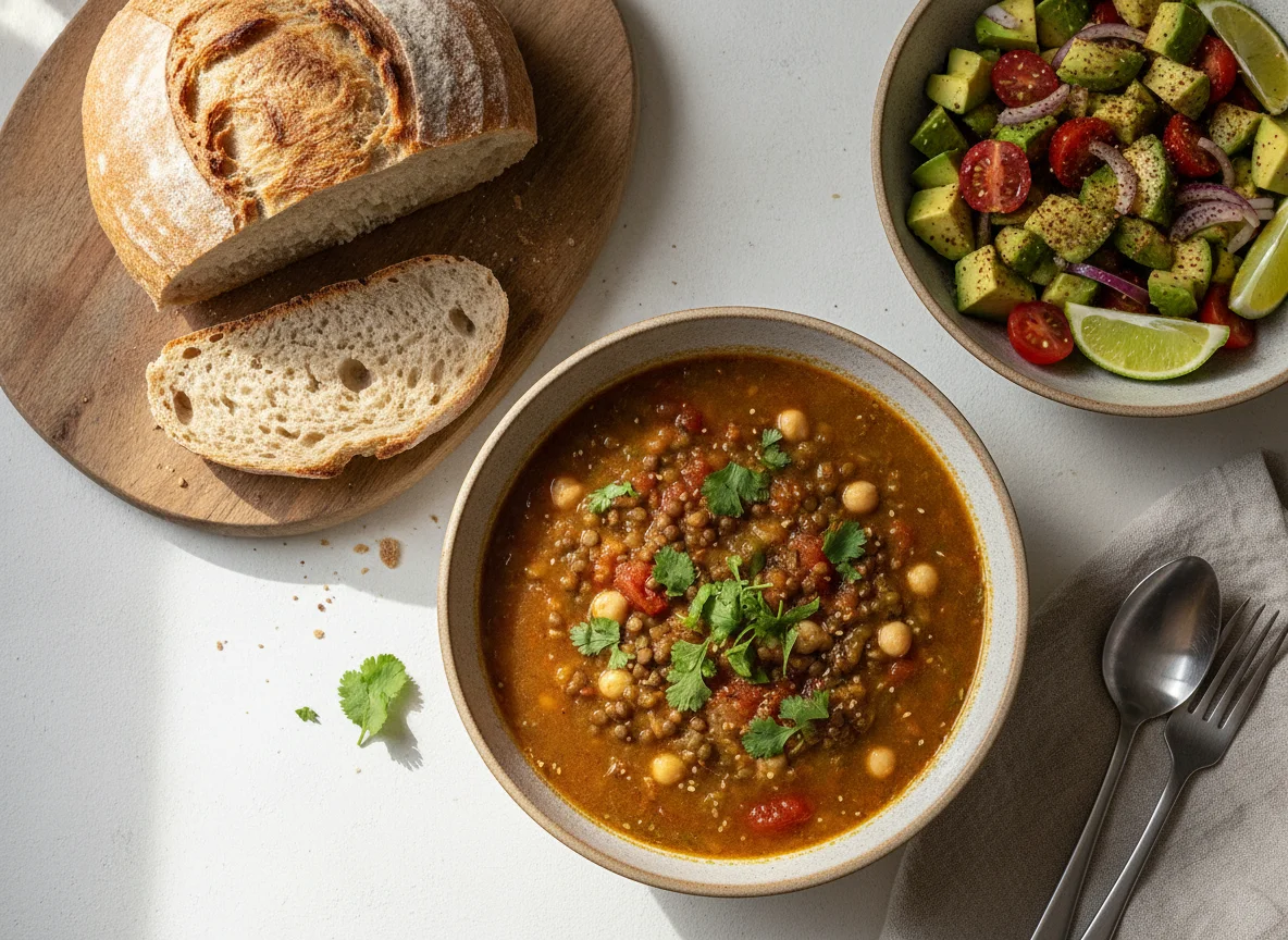 Moroccan Soup (Harira style) with Bread and Avocado Salad photo
