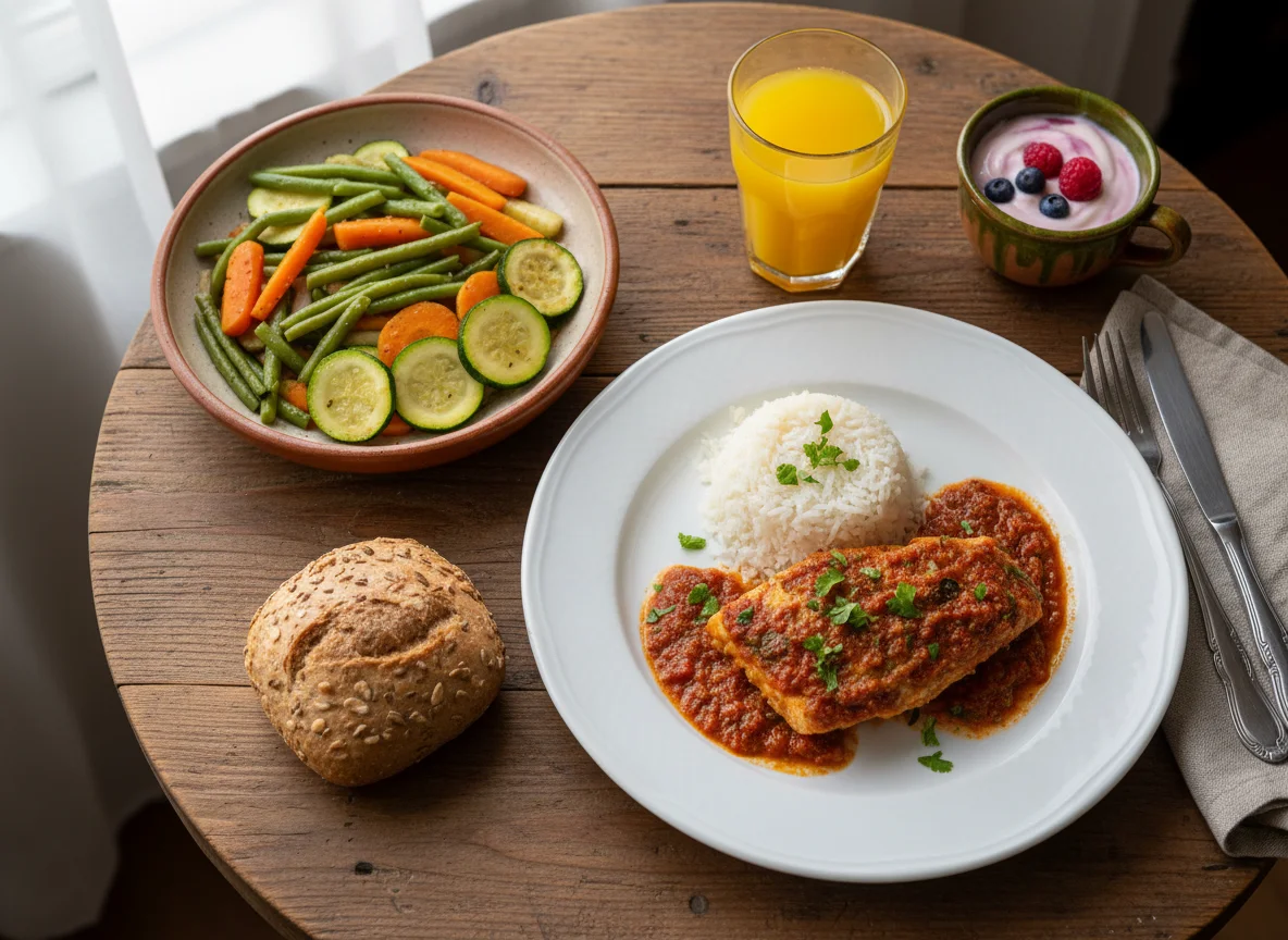 Moroccan style meal with fish, rice, vegetables, bread, juice and yogurt photo
