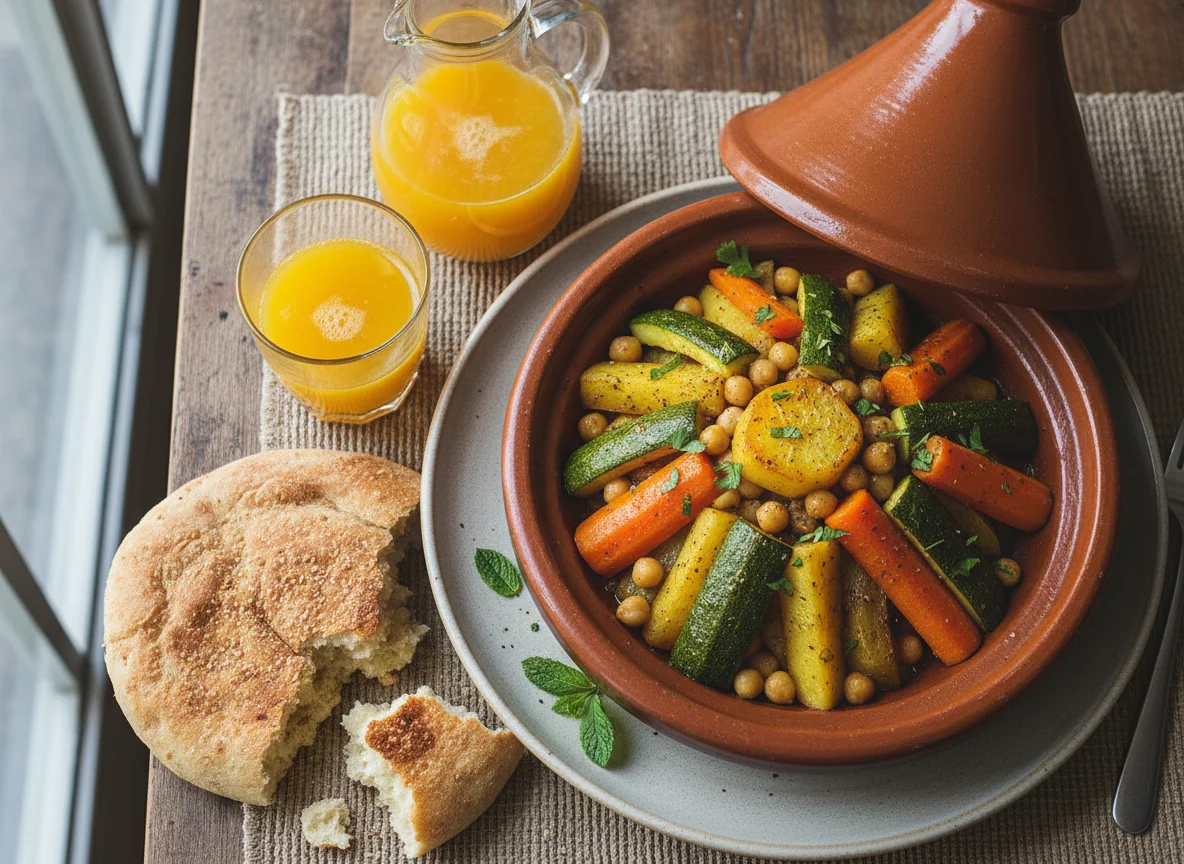 Moroccan Vegetable Tagine with Bread and Orange Juice photo