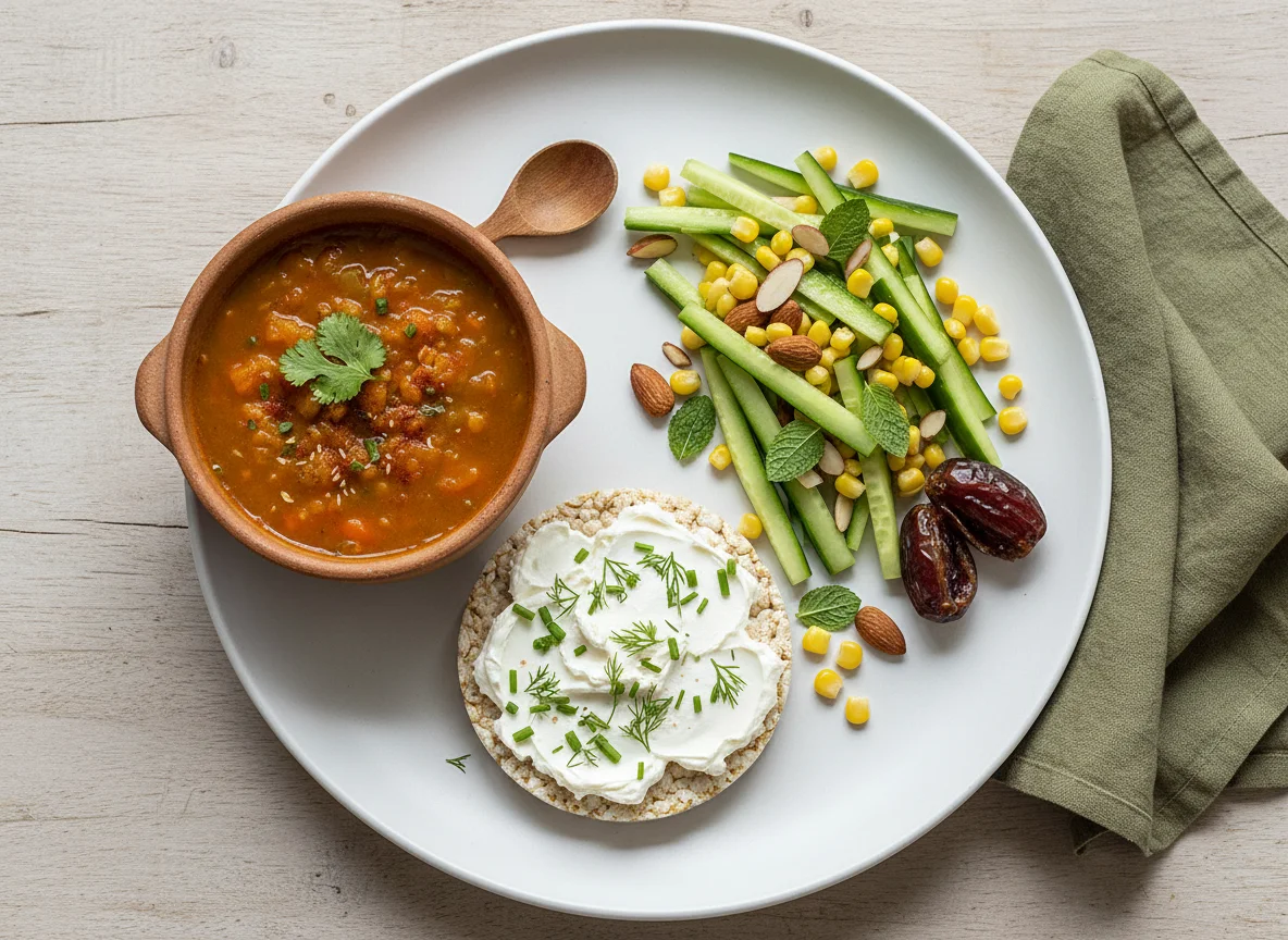 Moroccan-inspired light meal with soup, rice cake, and salad photo