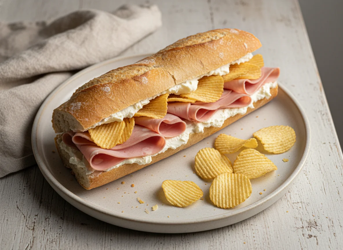 Mortadella sandwich with crisps photo