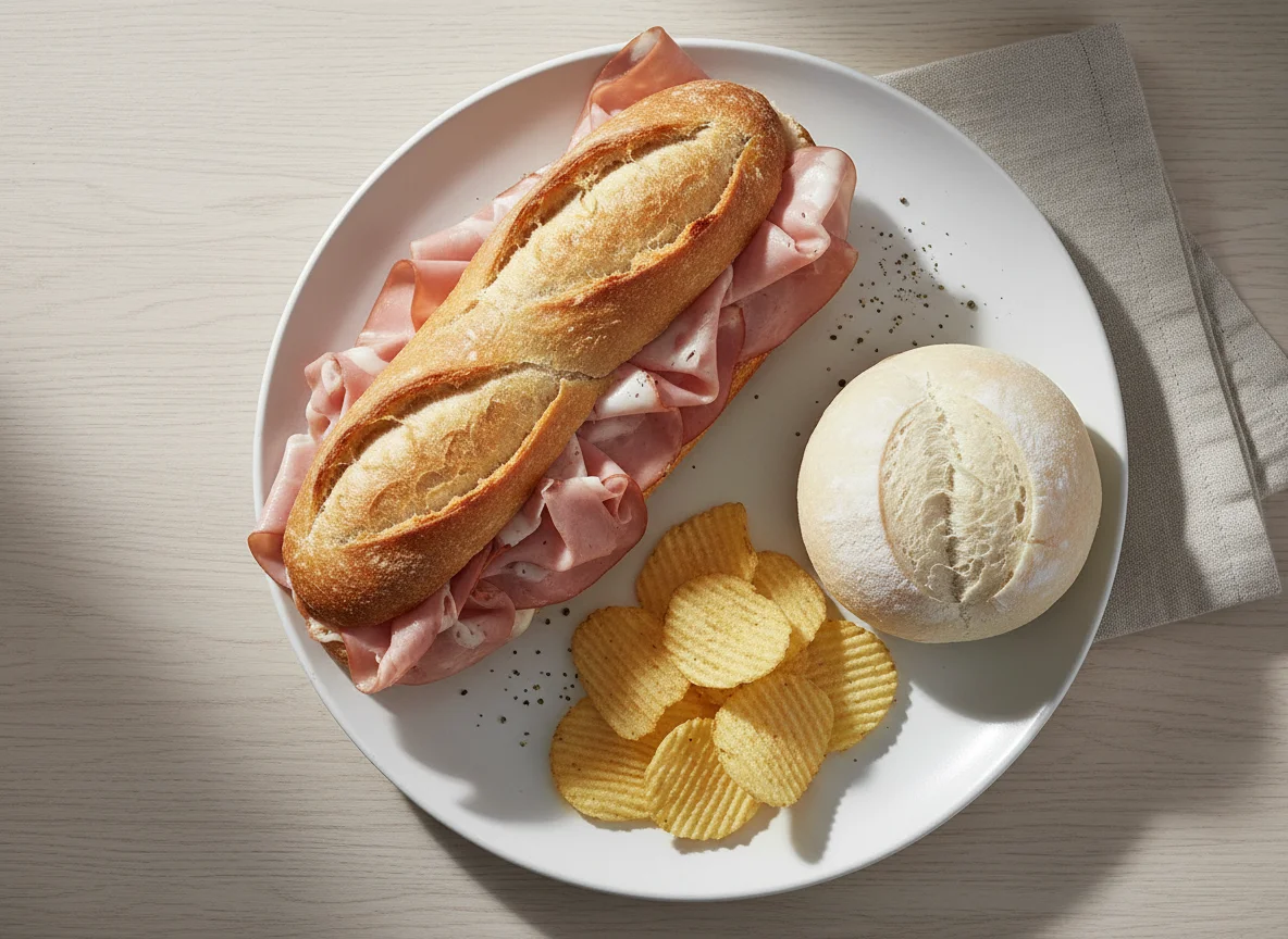 Mortadella sandwich with crisps and bread roll photo