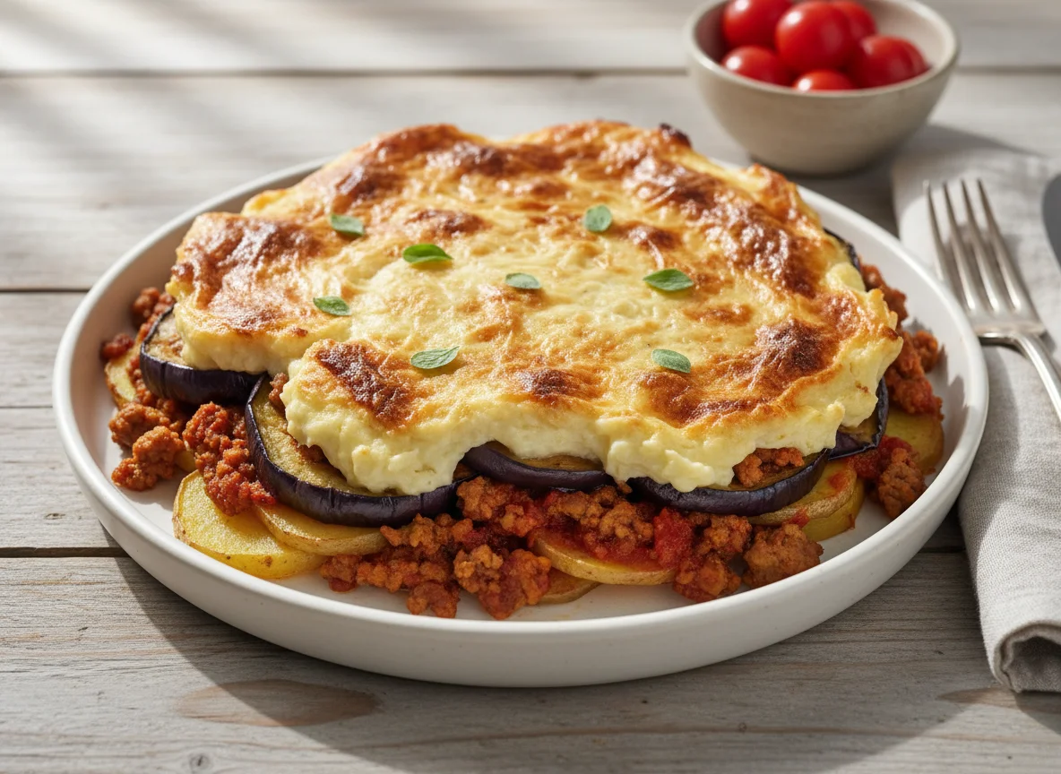 Moussaka or layered vegetable casserole photo