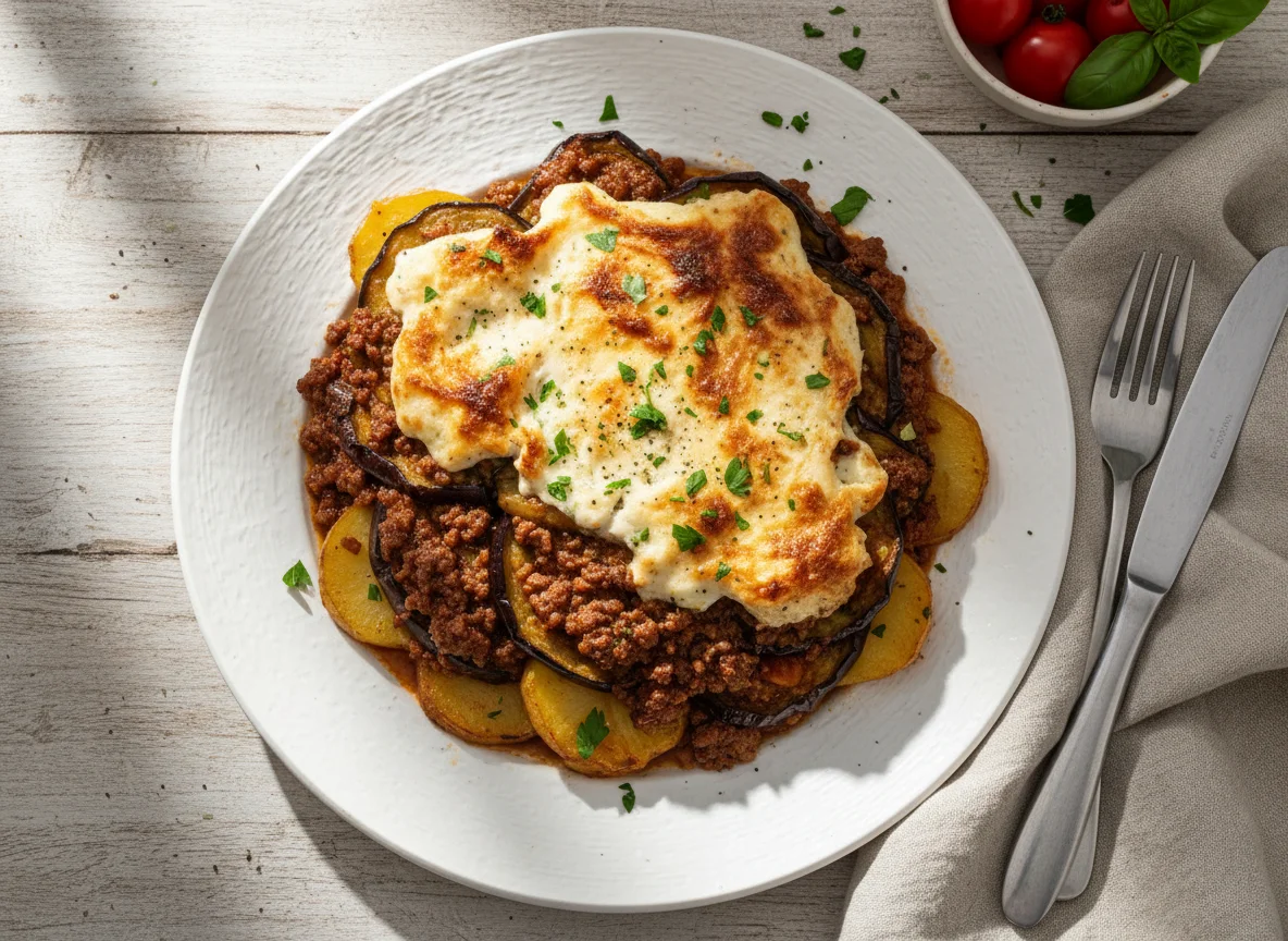 Moussaka or similar eggplant and meat dish photo