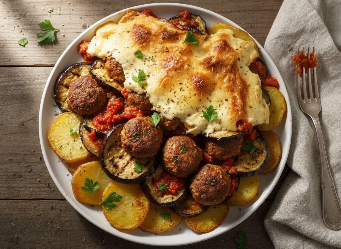 Moussaka-style dish with meatballs and potatoes photo