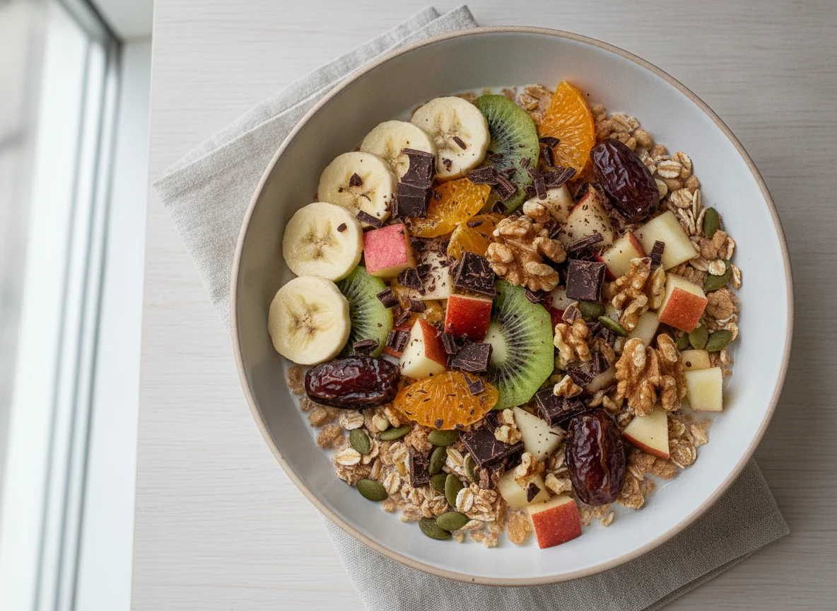 Muesli bowl with fruit salad and dark chocolate photo