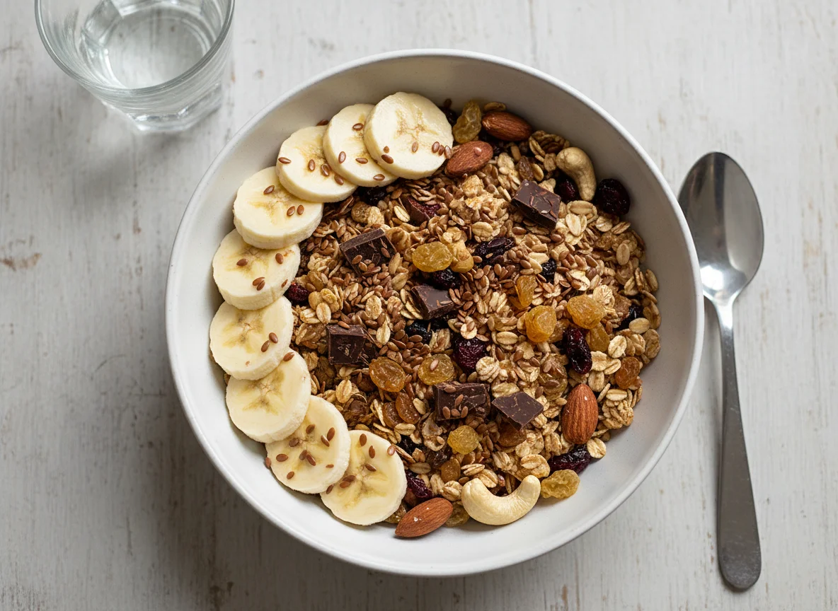 Muesli with Banana, Flaxseeds, and Dark Chocolate photo