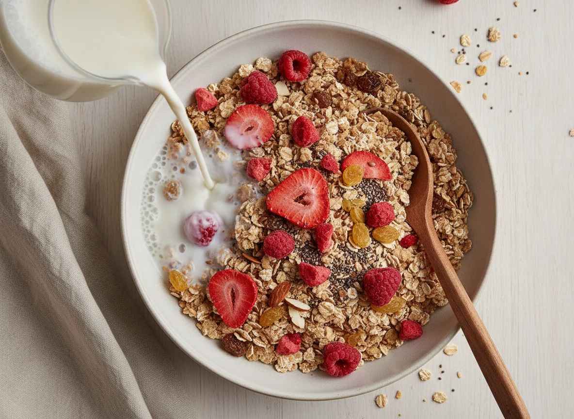 Muesli with berries and milk photo