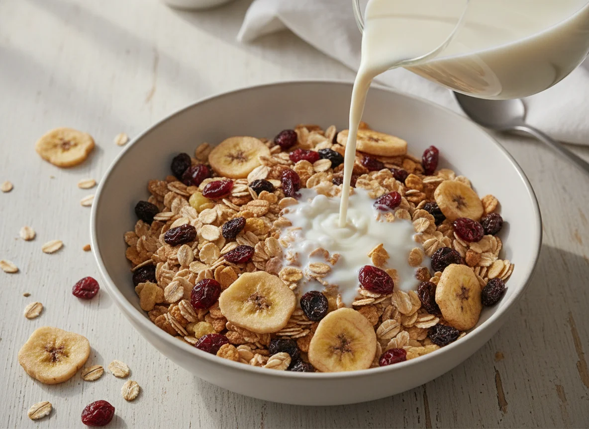 Muesli with dried fruit and milk photo