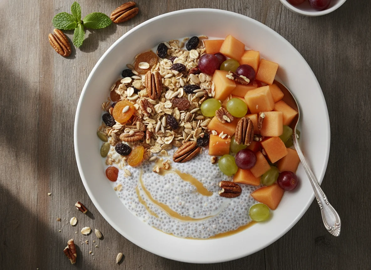 Muesli with fruit, chia pudding and pecans photo