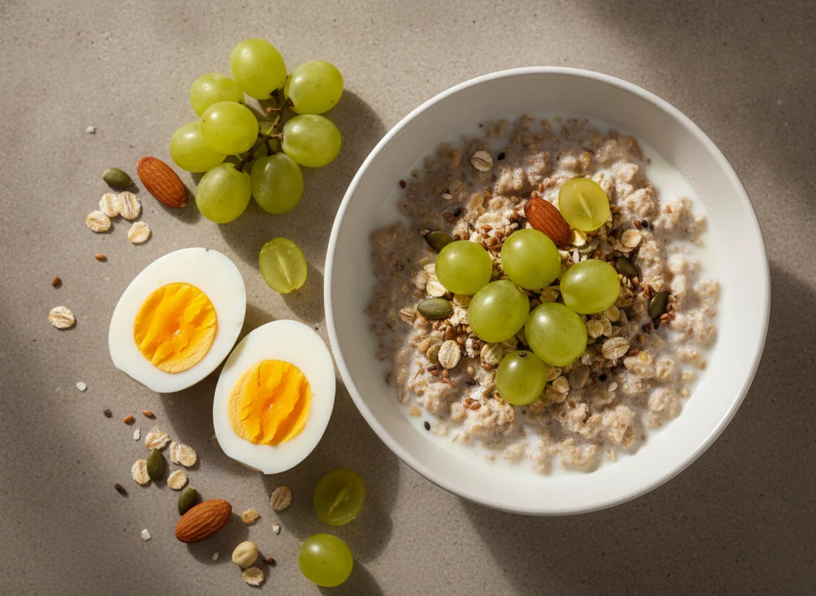 Muesli with Grapes and Boiled Eggs photo