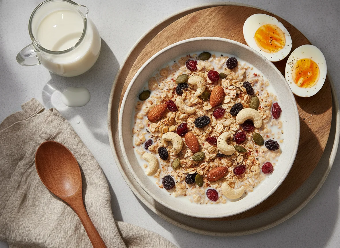 Muesli with Milk and Boiled Eggs photo