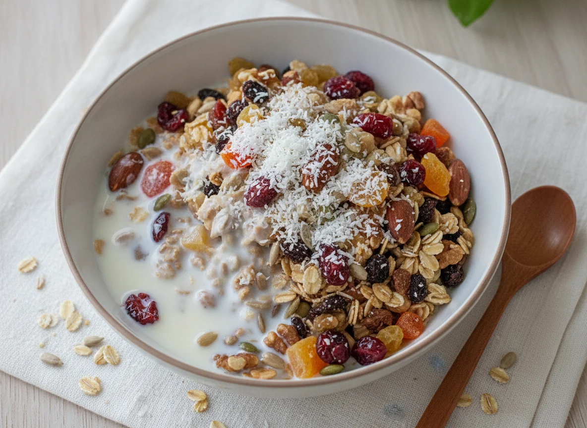 Muesli with milk and coconut flakes photo