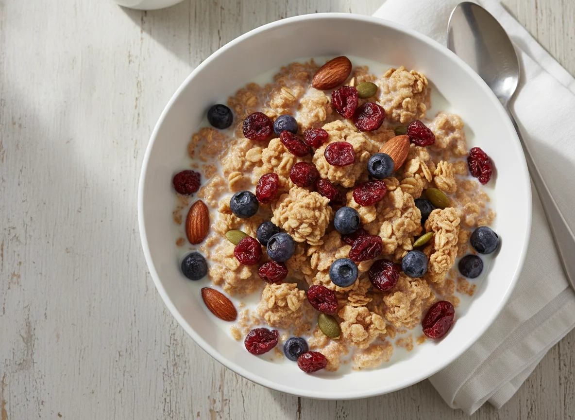 Muesli with milk and dried berries photo
