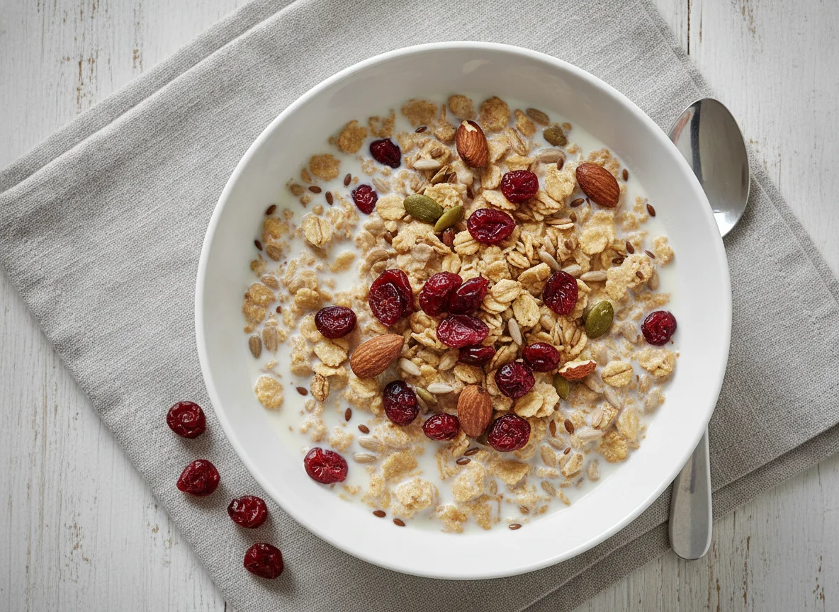 Muesli with milk and dried cranberries photo