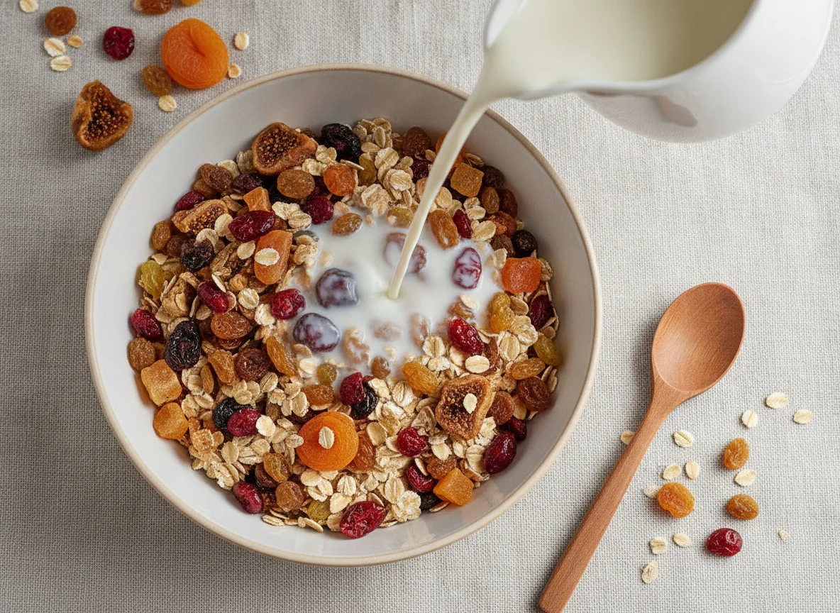 Muesli with milk and dried fruit photo