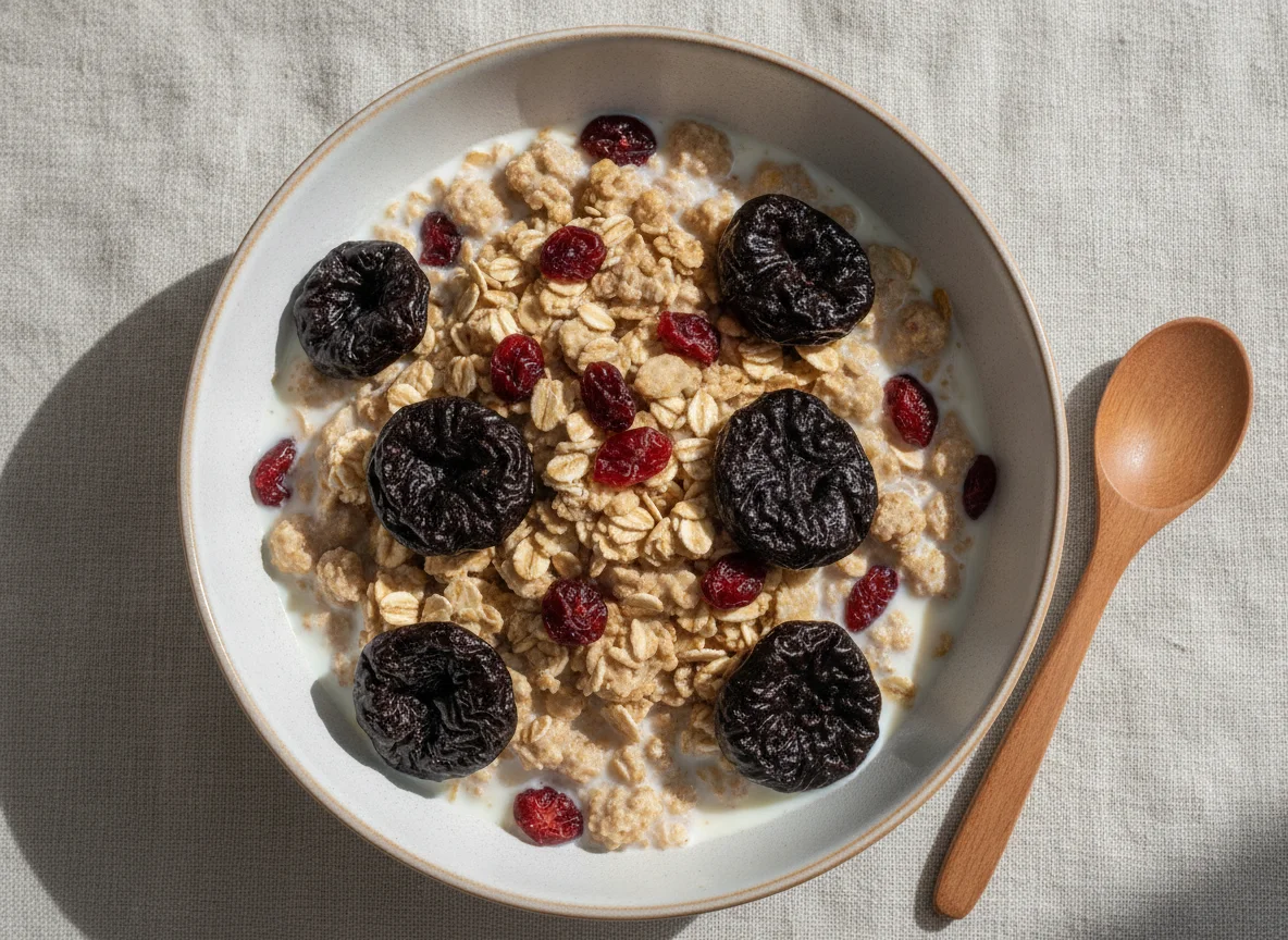 Muesli with milk and dried fruits photo