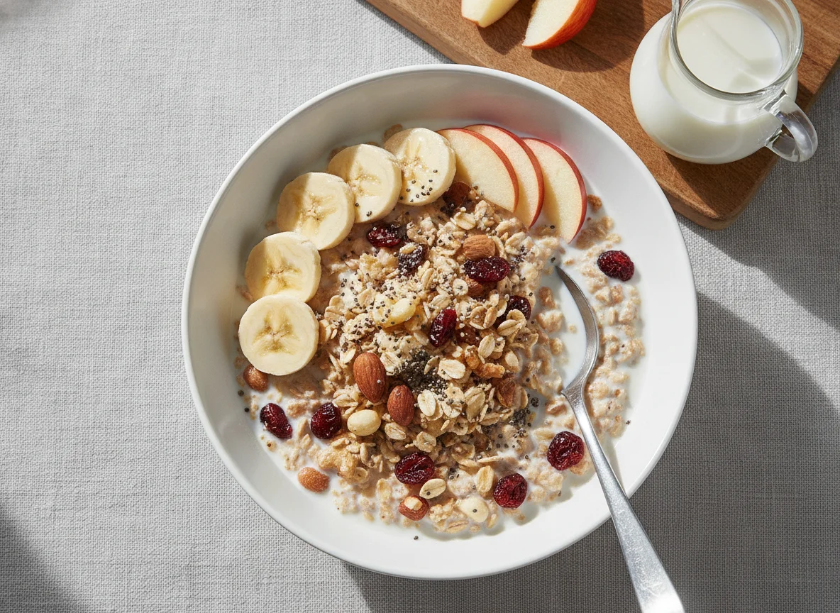 Muesli with Milk and Fruits photo