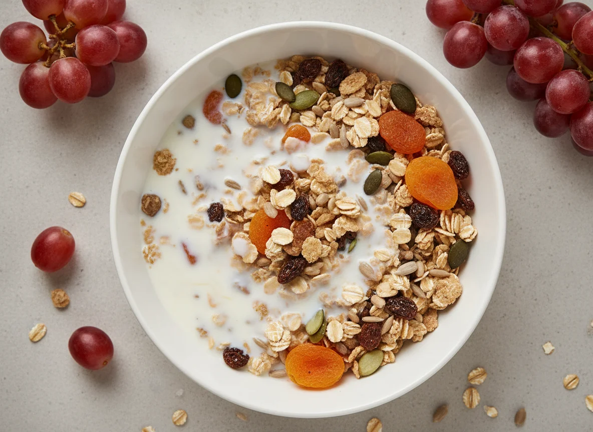Muesli with milk and grapes photo