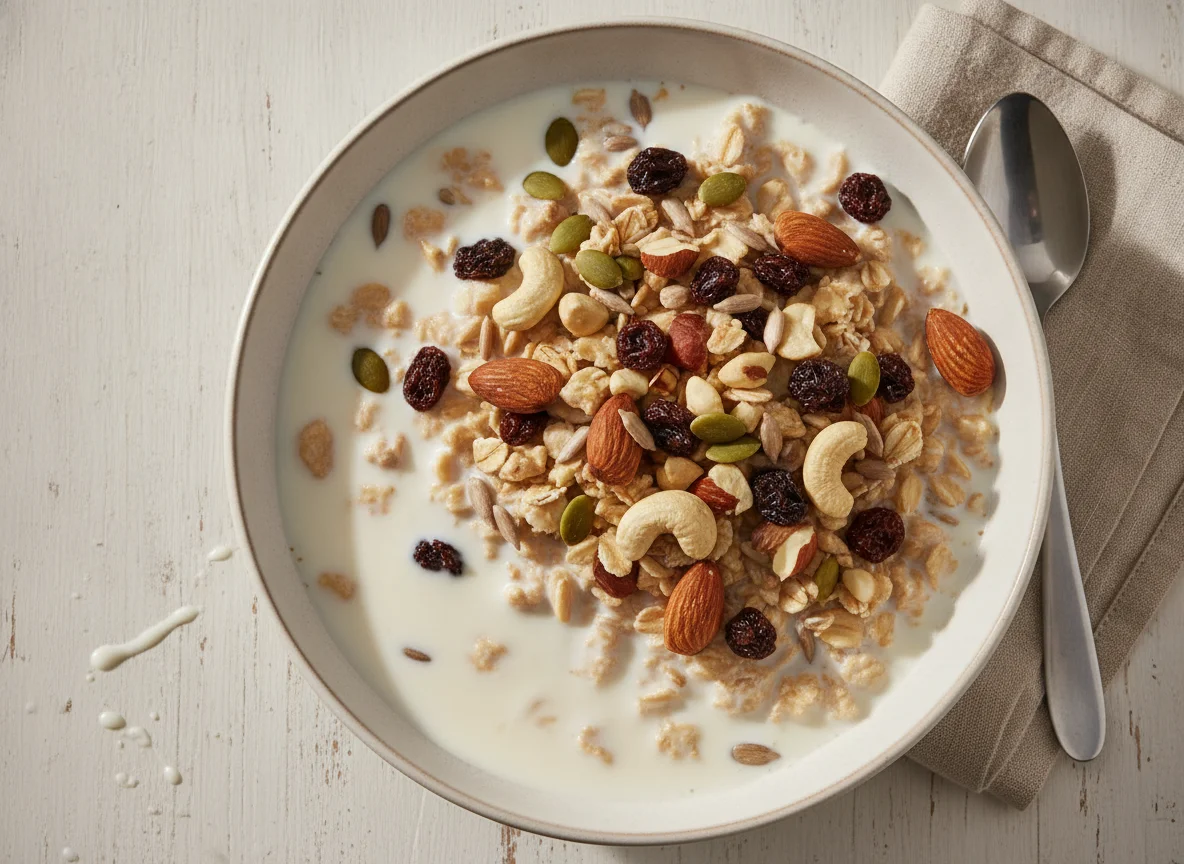 Muesli with Milk and Mixed Nuts photo
