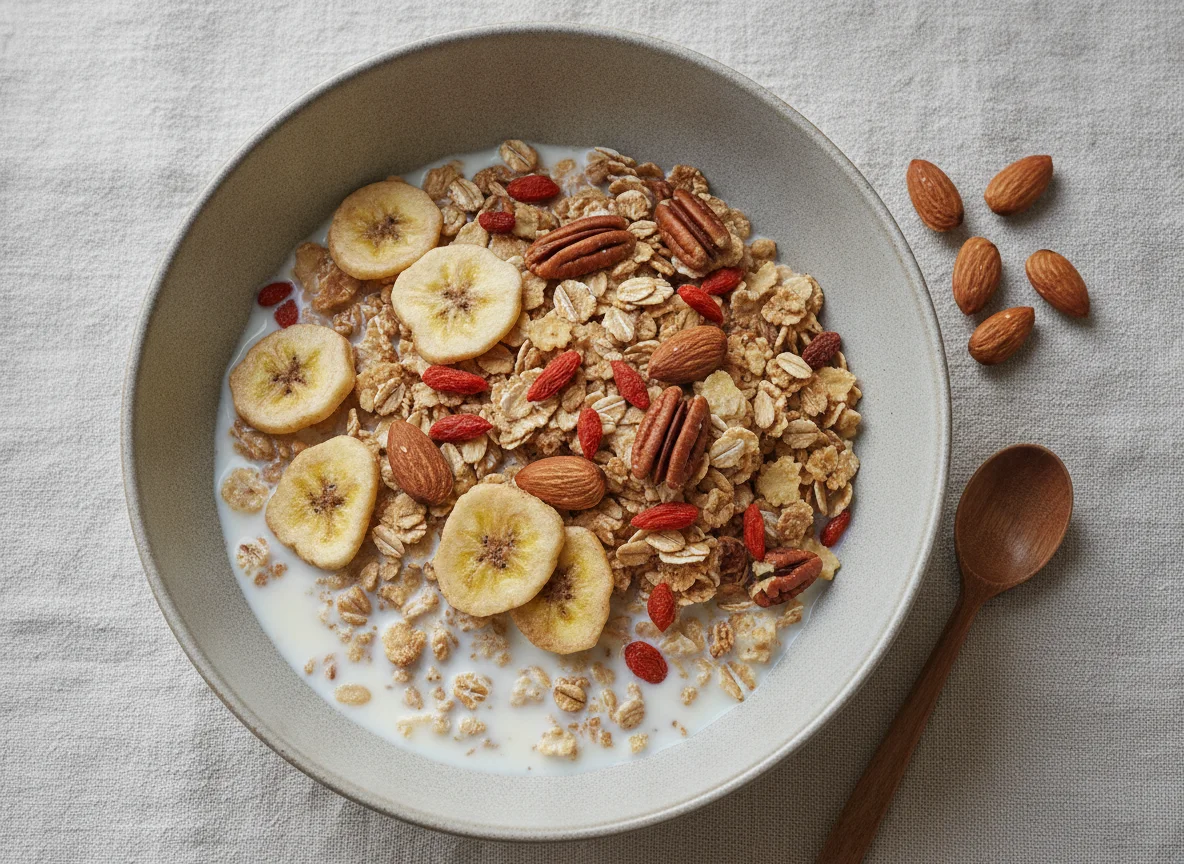 Muesli with milk and nuts photo