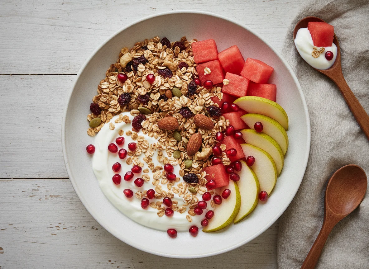 Muesli with yogurt and fresh fruit photo