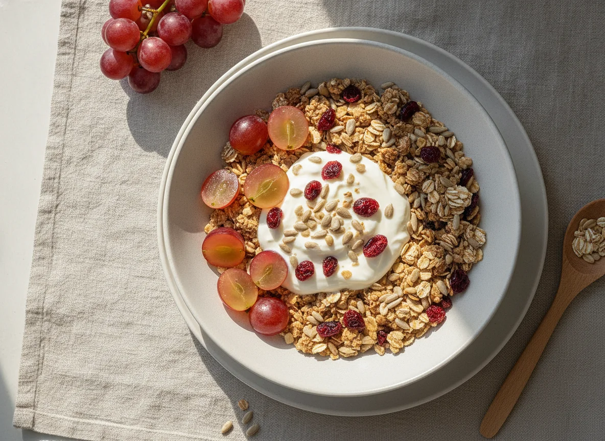 Muesli with yogurt and grapes photo