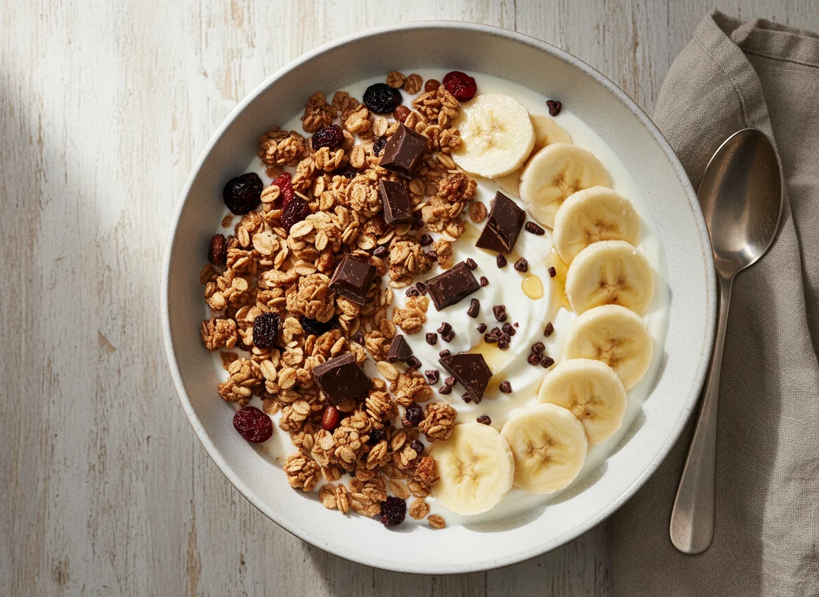 Muesli with Yogurt, Banana, and Dark Chocolate photo