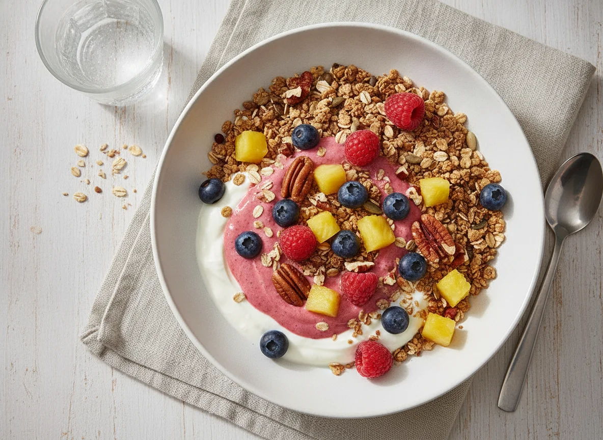 Muesli with yogurt, fruit, and nuts photo