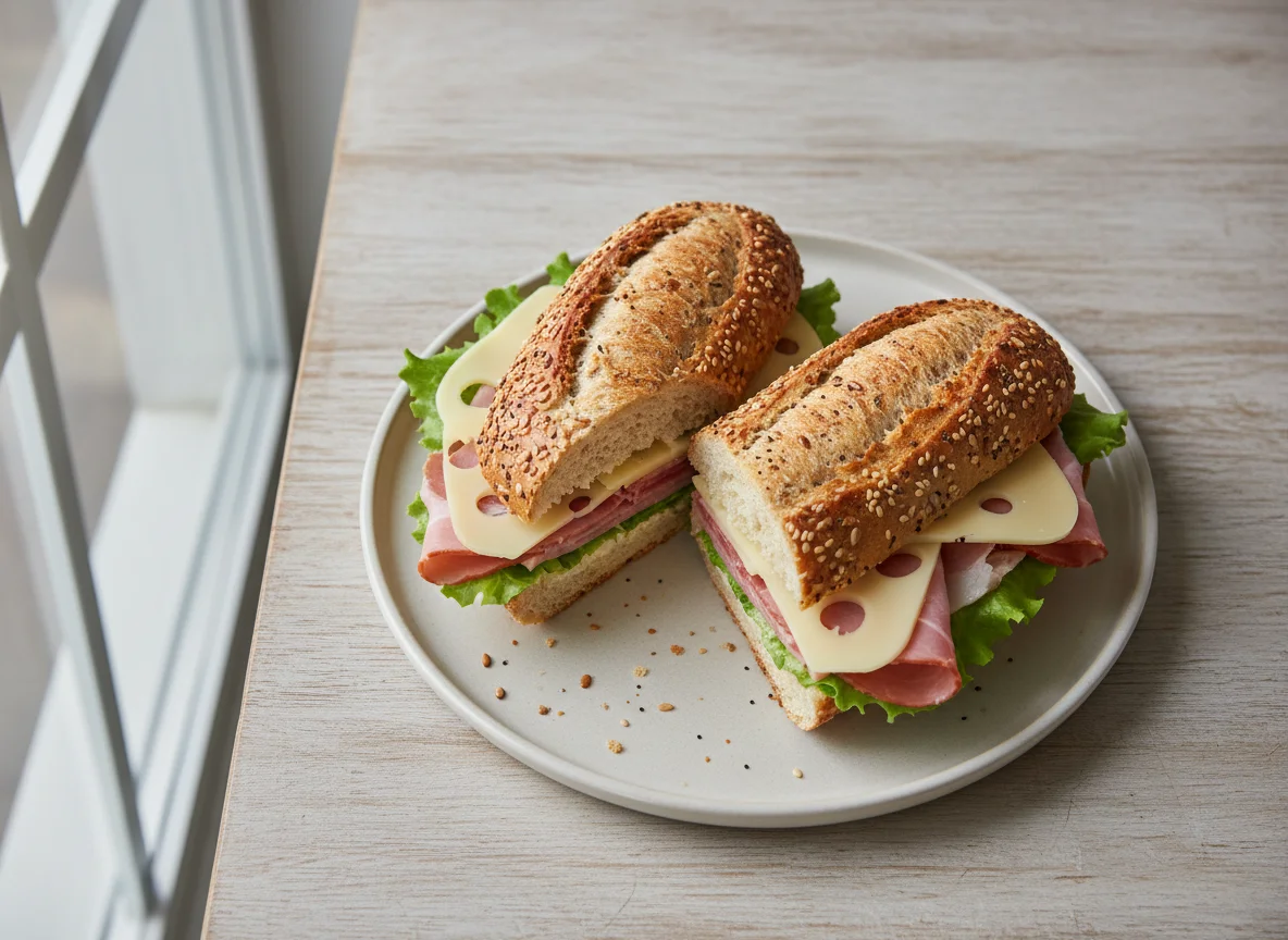 Multi-grain baguette with ham, cheese, and lettuce photo