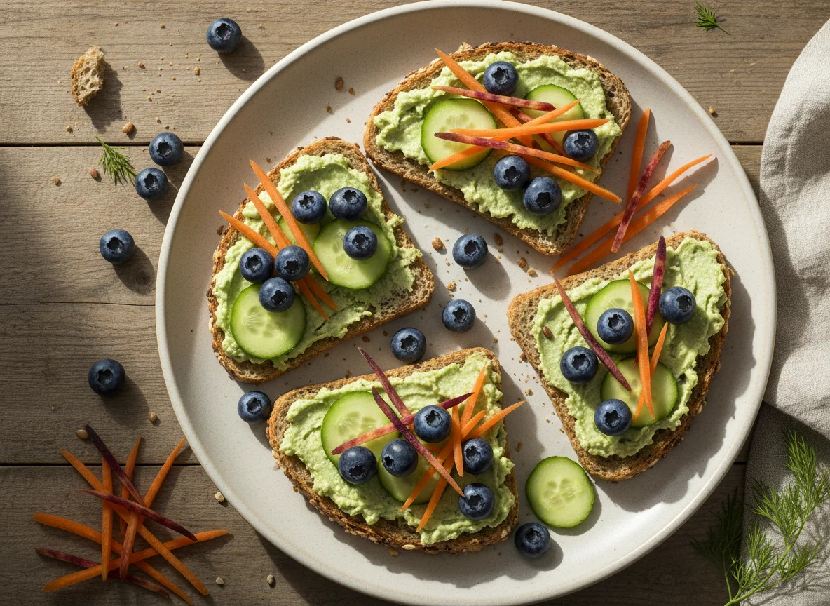 Multigrain bread with spread, blueberries, cucumber, and carrots photo