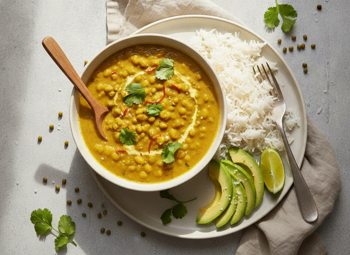 Mung Bean Curry with White Rice and Avocado photo