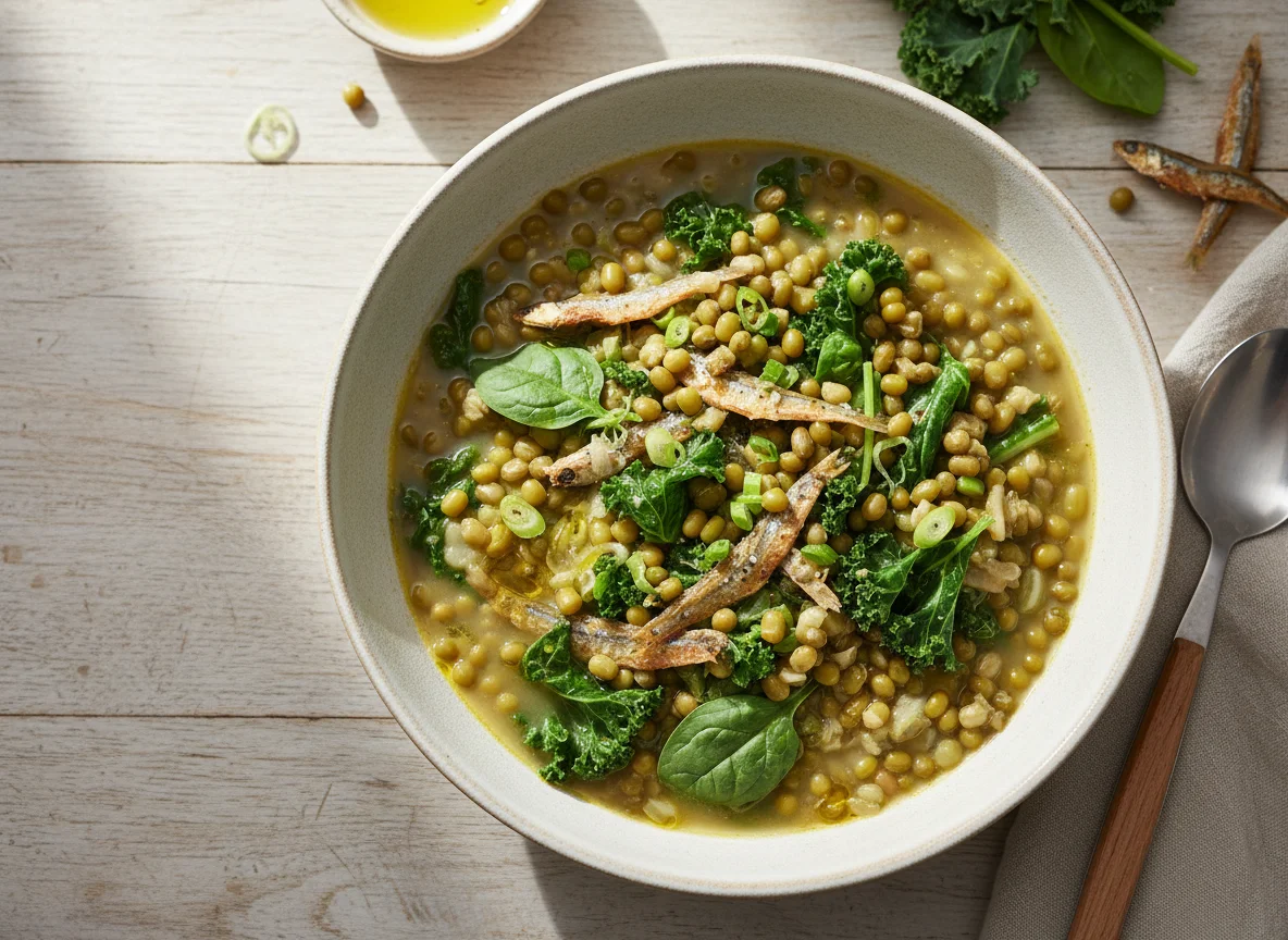 Mung Bean Stew with Dried Fish and Leafy Greens photo
