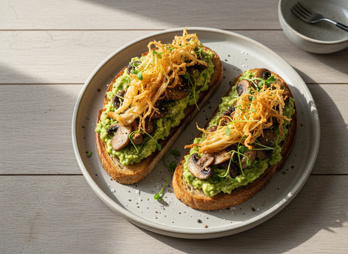 Mushroom and Avocado Toast with Fried Enoki photo