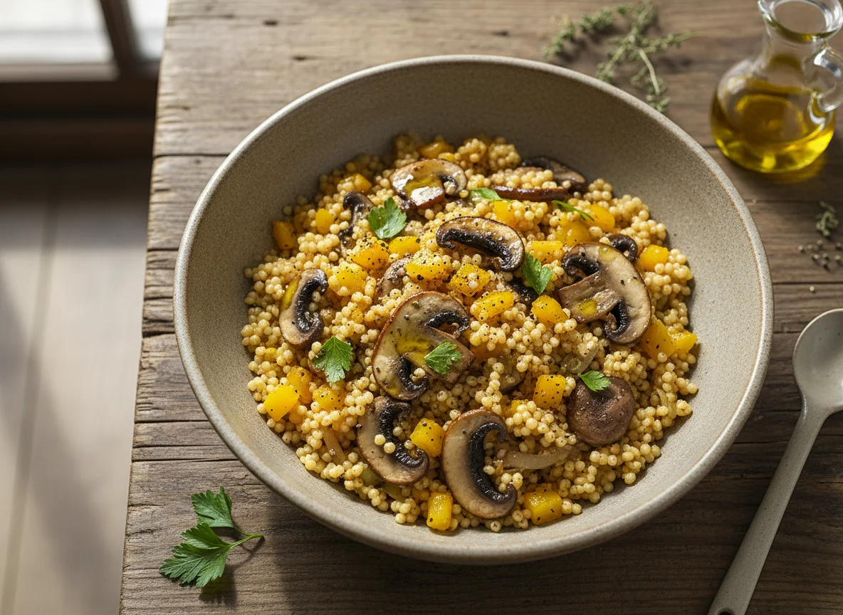 Mushroom and Couscous Bowl with Bell Peppers photo