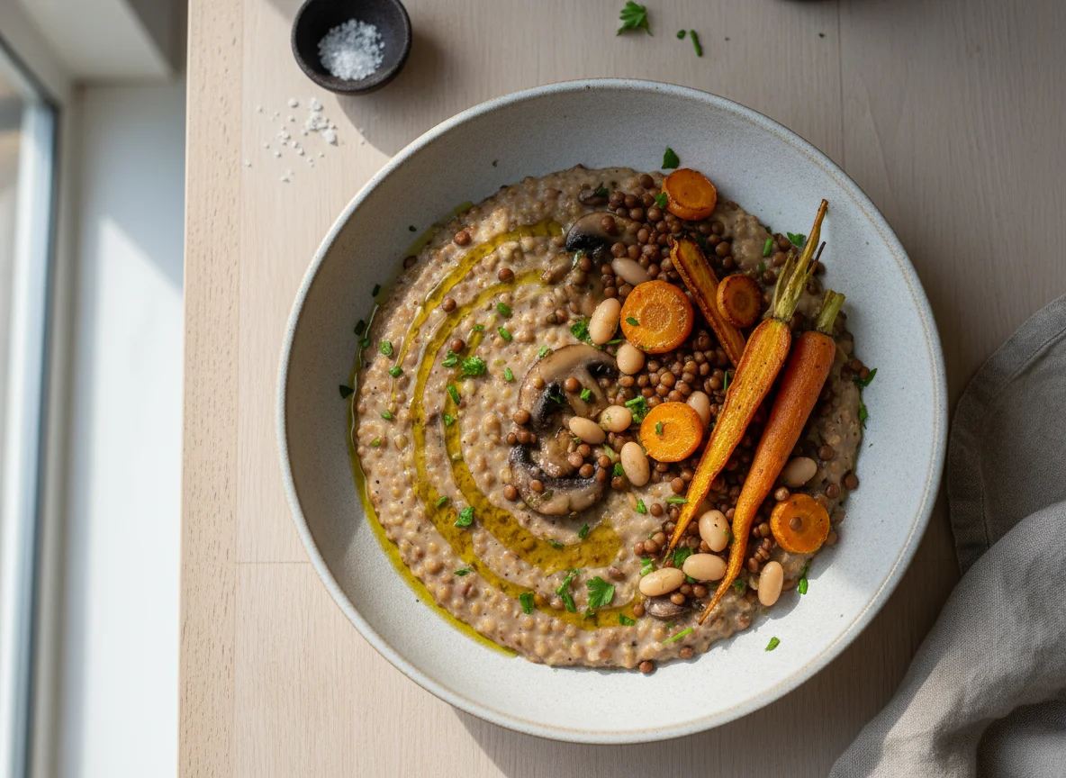 Mushroom and Grain Porridge with Carrot Garnish photo