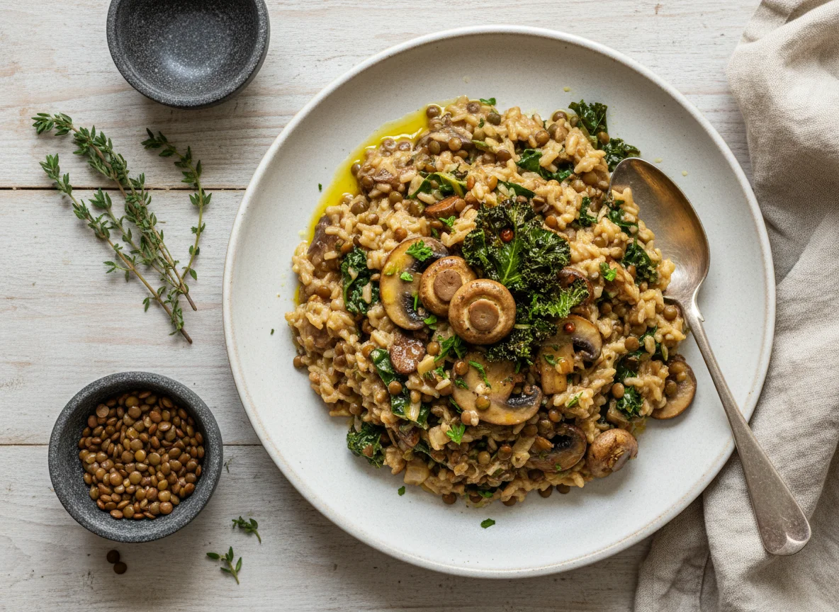 Mushroom and Kale Risotto with Lentils photo