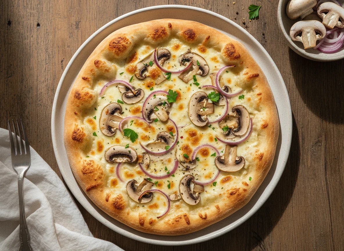Mushroom and Onion White Pizza photo