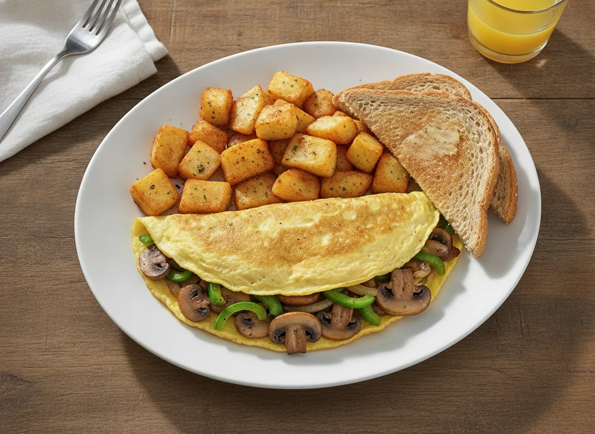 Mushroom and Pepper Omelet with Home Fries and Toast photo