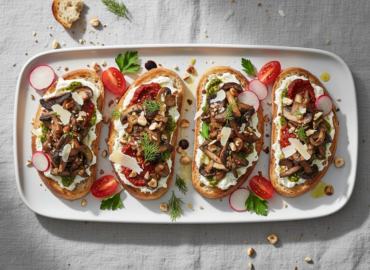Mushroom Bruschetta with Cream Cheese and Hazelnuts photo