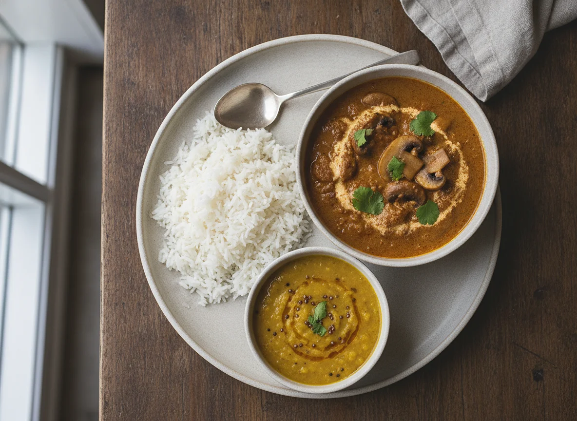 Mushroom Curry with Rice and Dal photo