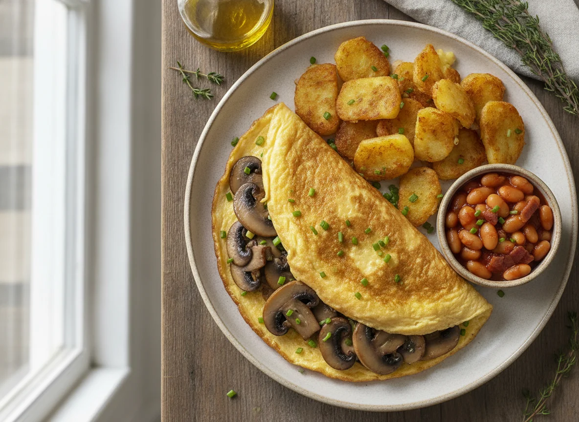Mushroom Omelette with Hash Browns and Baked Beans photo