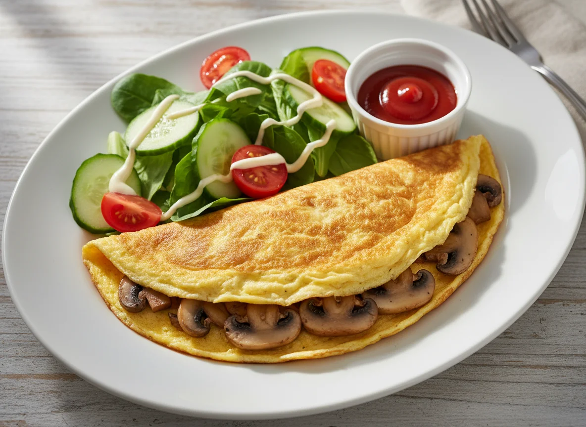 Mushroom Omelette with Salad and Ketchup photo