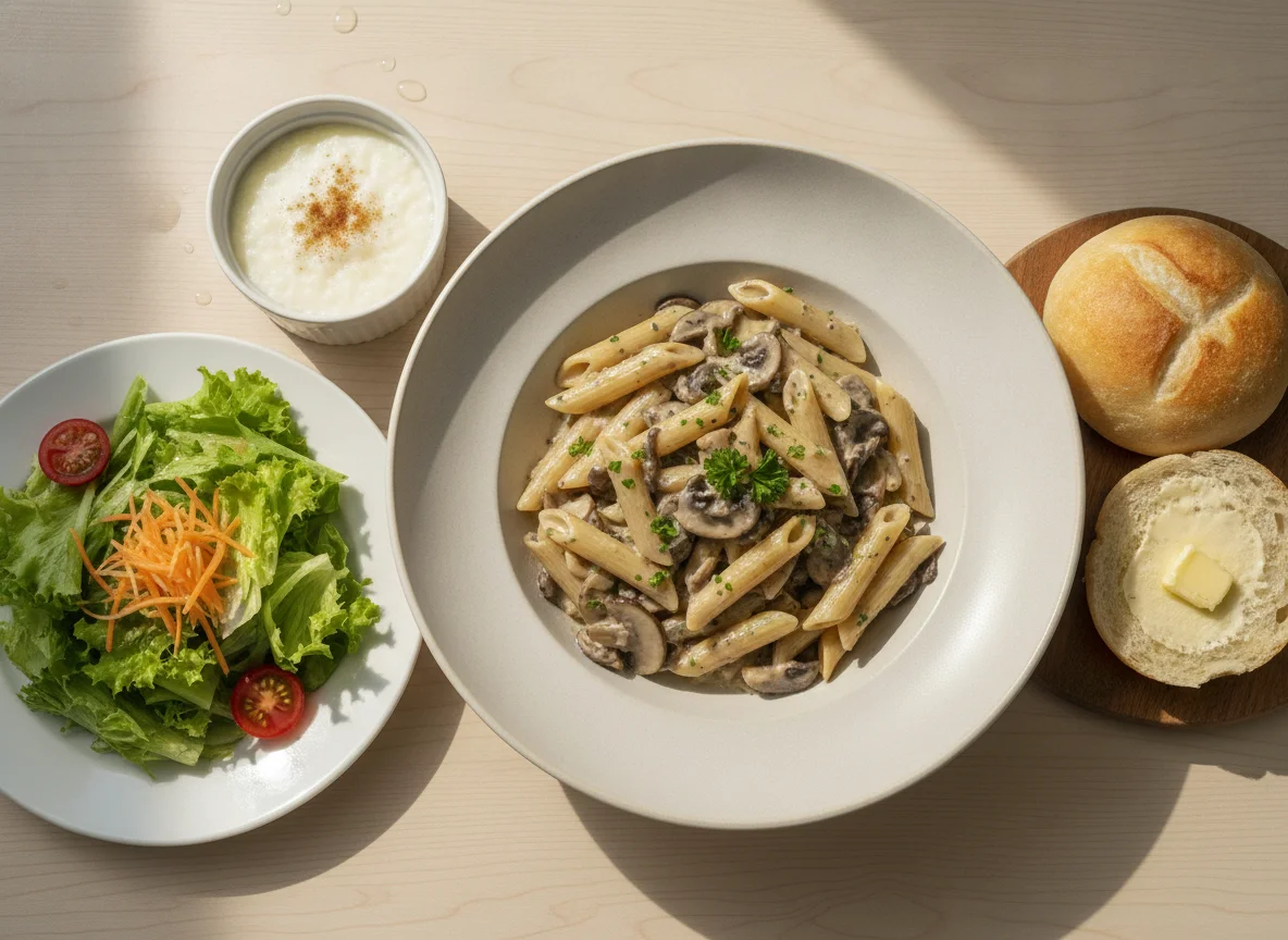 Mushroom Penne Pasta with Side Salad and Bread Roll photo
