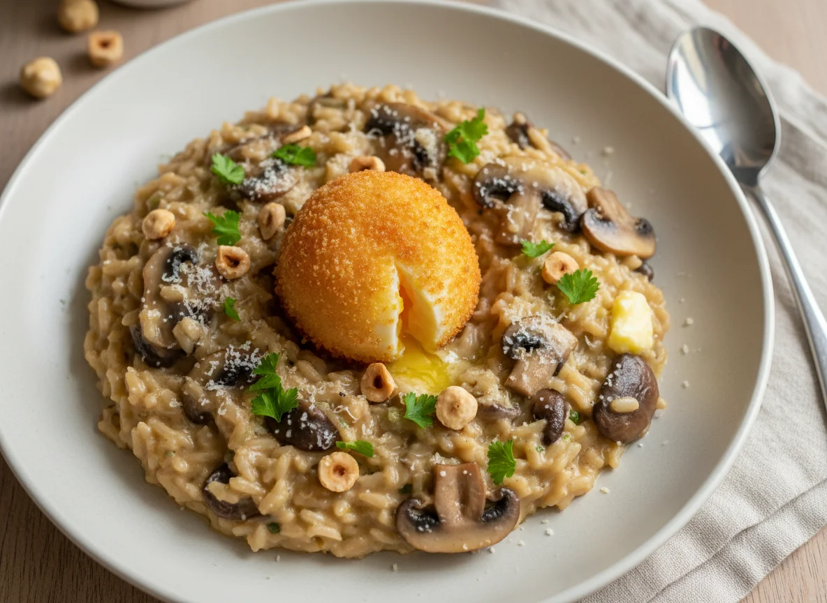 Mushroom Risotto with Breaded Egg and Hazelnuts photo