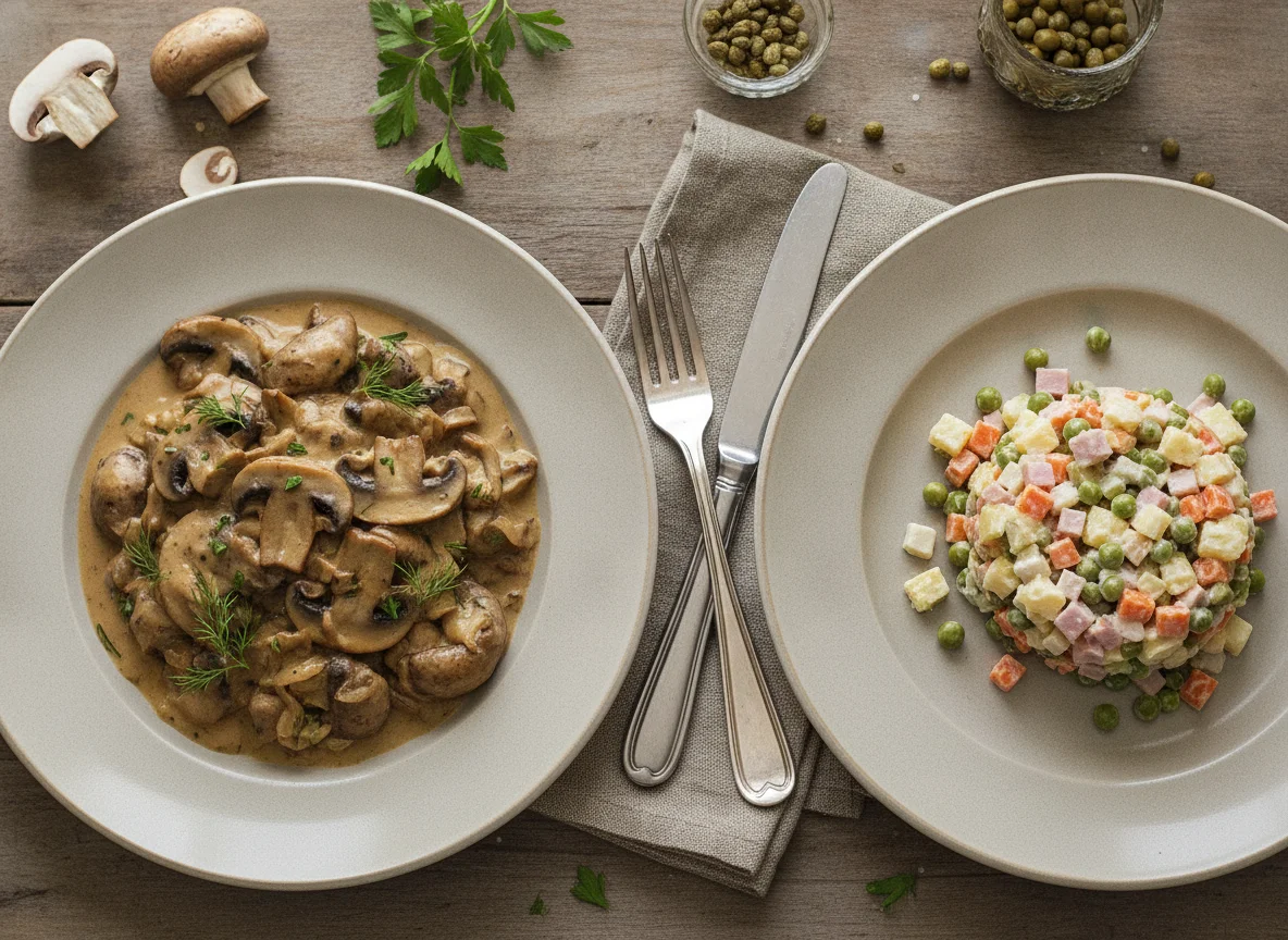 Mushroom Stroganoff with Olivier Salad photo