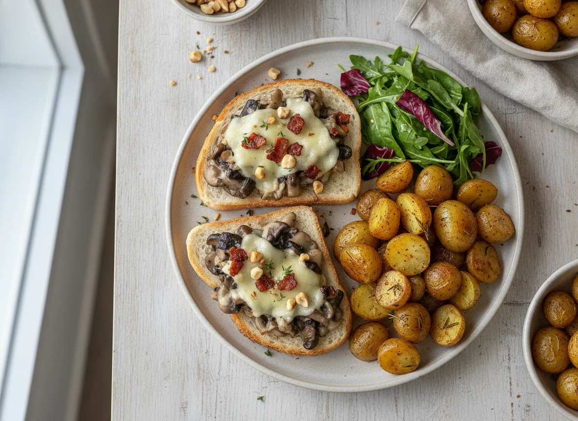 Mushroom toast with roasted potatoes photo