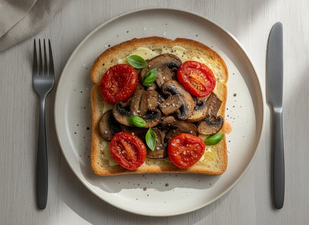 Mushrooms and Plum Tomatoes on Toast photo