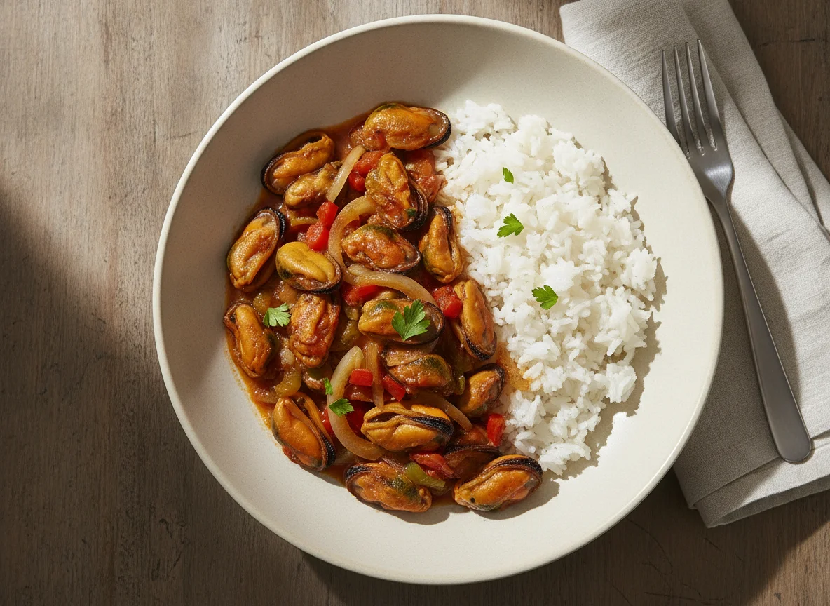 Mussels with Sauce and Steamed Rice photo